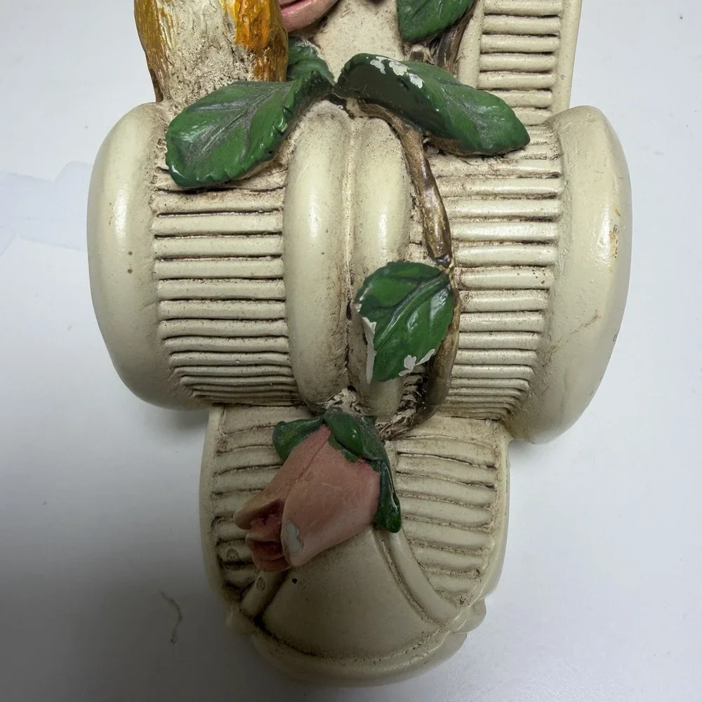 Drape Scarf Holder‎ Cream Gold Trim Rose Green Leaves Birds Nest Eggs CHIPPED